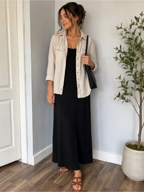Valerie Stevens Linen Shacket & Black Maxi Dress Old Money Outfit